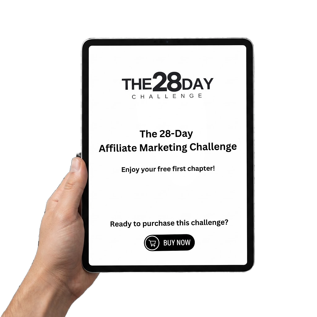 Reading the first chapter of The 28 Day Affiliate Marketing Challenge on a tablet