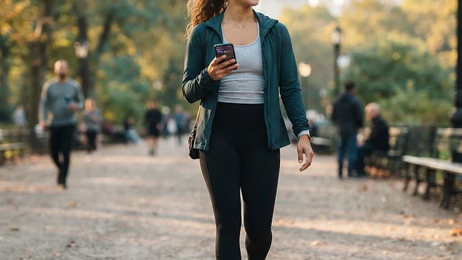 Listening to an audiobook with earbuds on a walk
