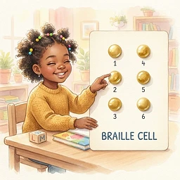 Braille book intro page — what braille is, Amari welcomes kids to feel the dots.
