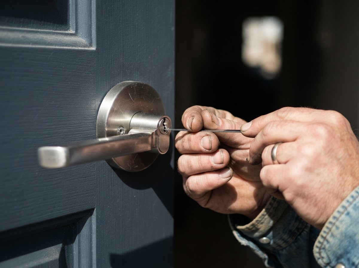 Professional locksmith working on a modern door