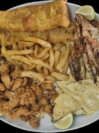 Hake, calamari, prawns and chips — the seafood platter at Ferreira's