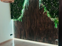 Mur Mortex effet bois vu de face avec végétal stabilisé et LED