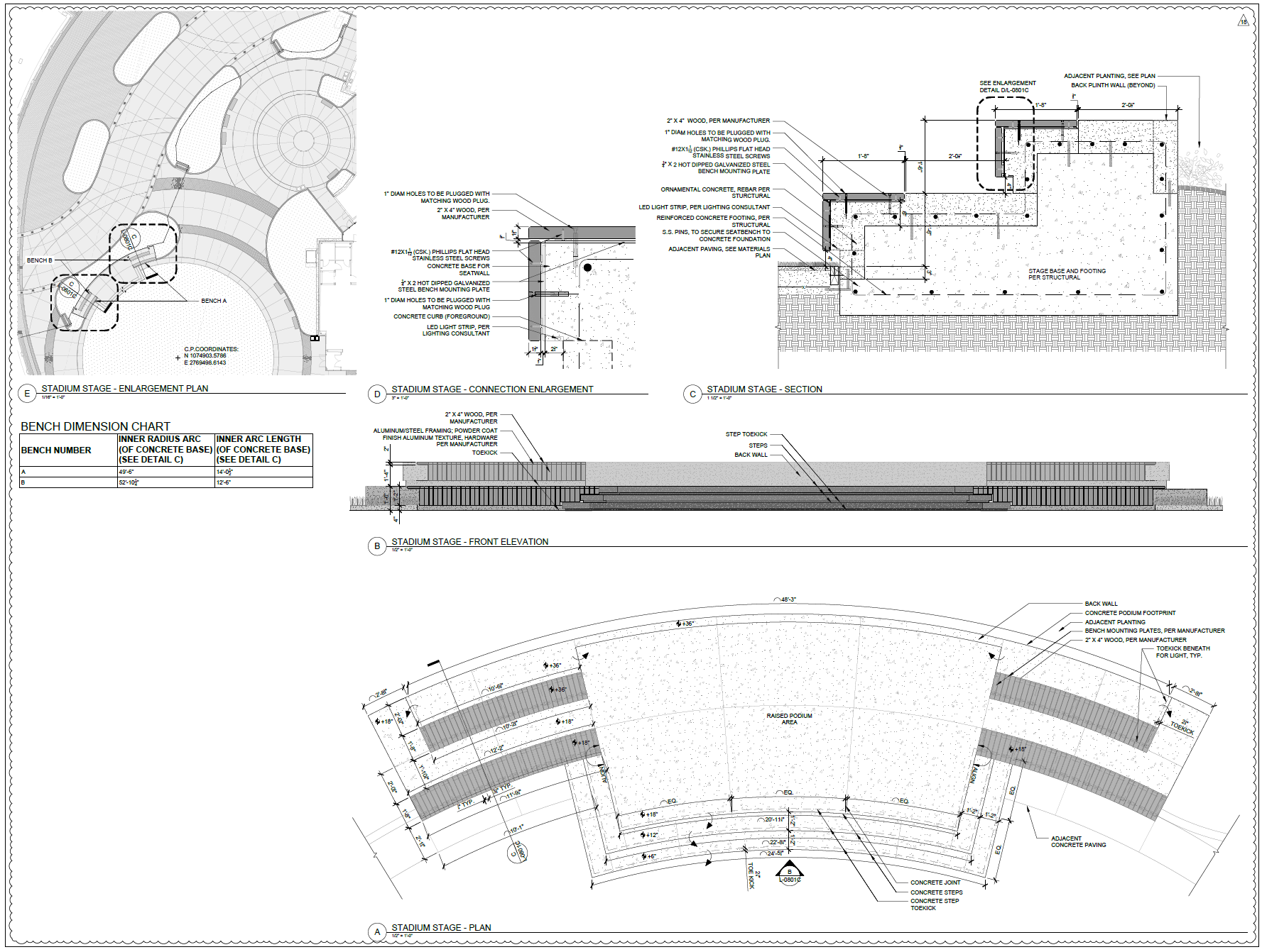 Berkley Riverfront at CPKC Stadium — Plaza bench and platform details
