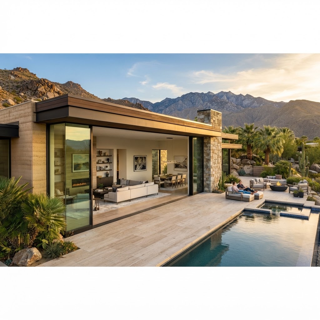Large multi-panel sliding glass wall system open to a patio in a modern Coachella Valley desert home