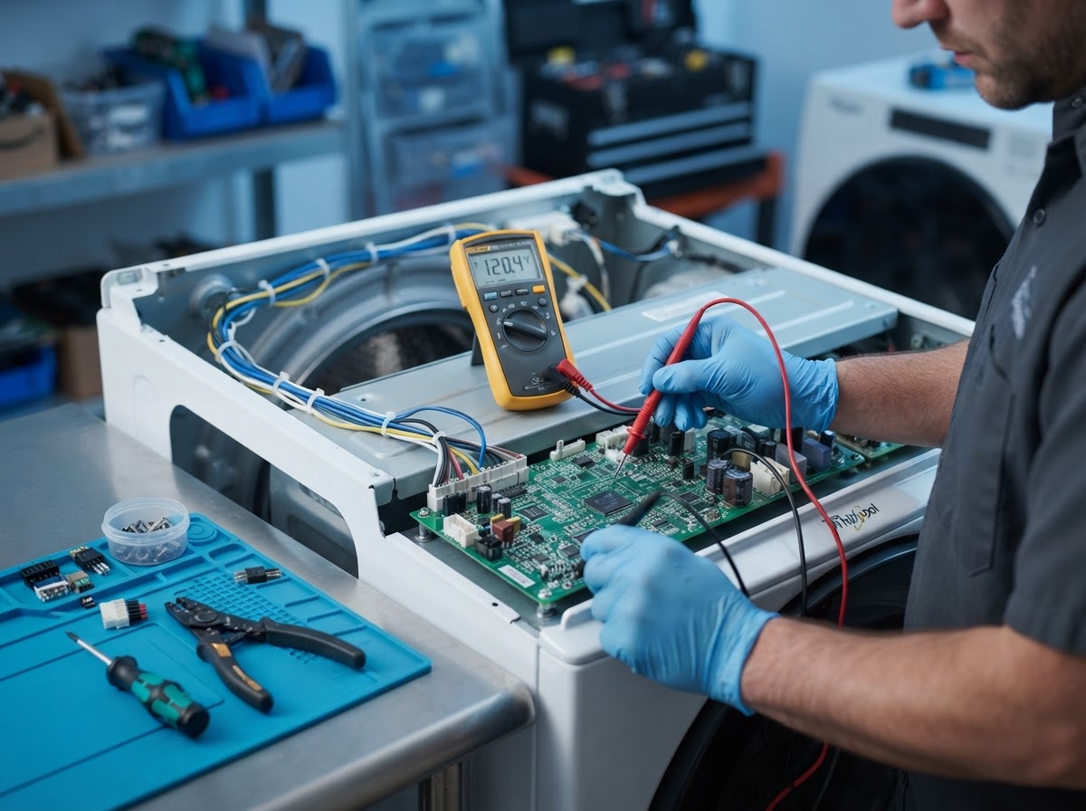 Technician diagnosing a washing machine control board
