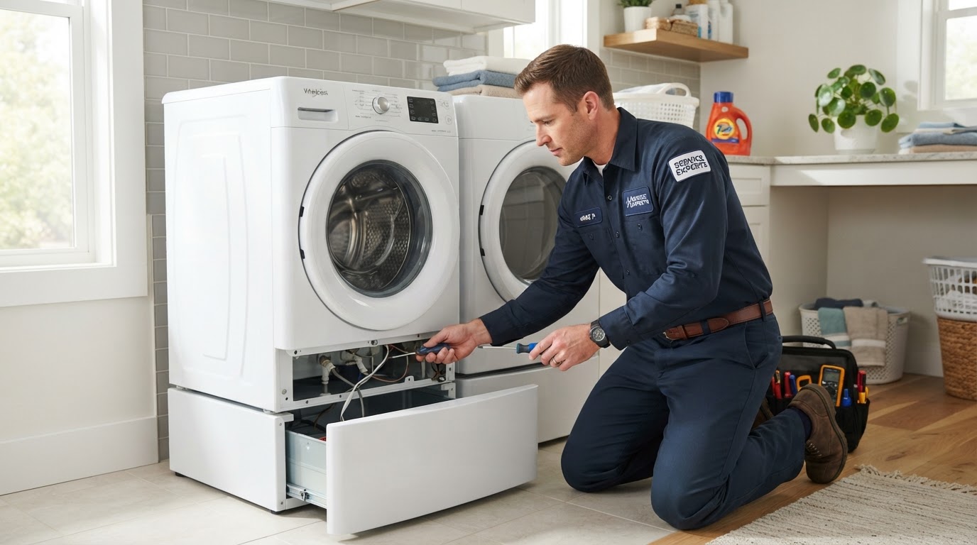 Technician repairing a washing machine in a bright laundry room