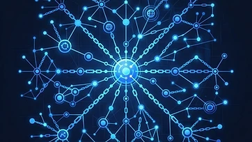 Illustration of interconnected website nodes forming a link building network on a navy background