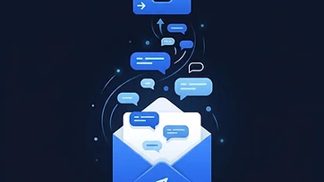 Illustration of outreach emails receiving replies in an inbox on a navy background