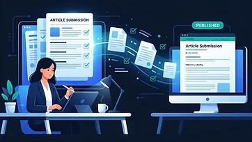 Illustration of an editor reviewing and approving an article submission on a navy background