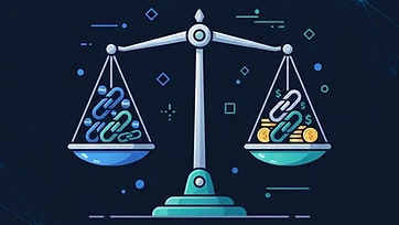 Illustration of a scale balancing free and paid backlink strategies on a navy background