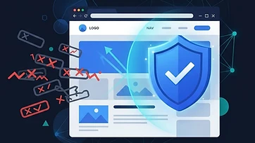 Illustration of a shield with a checkmark protecting a website from toxic backlinks on a navy background