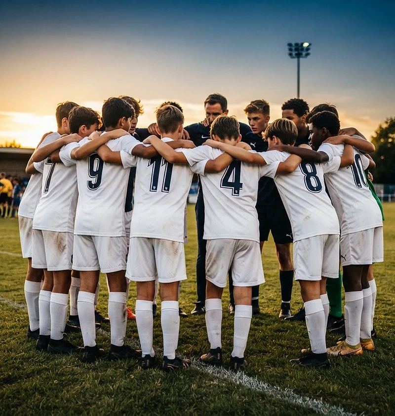 Youth sports team huddled together on a pitch at golden hour, dramatic natural lighting