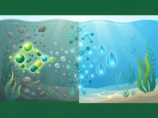 水中のPFAS等の汚染物質が処理剤により低減される模式イラスト