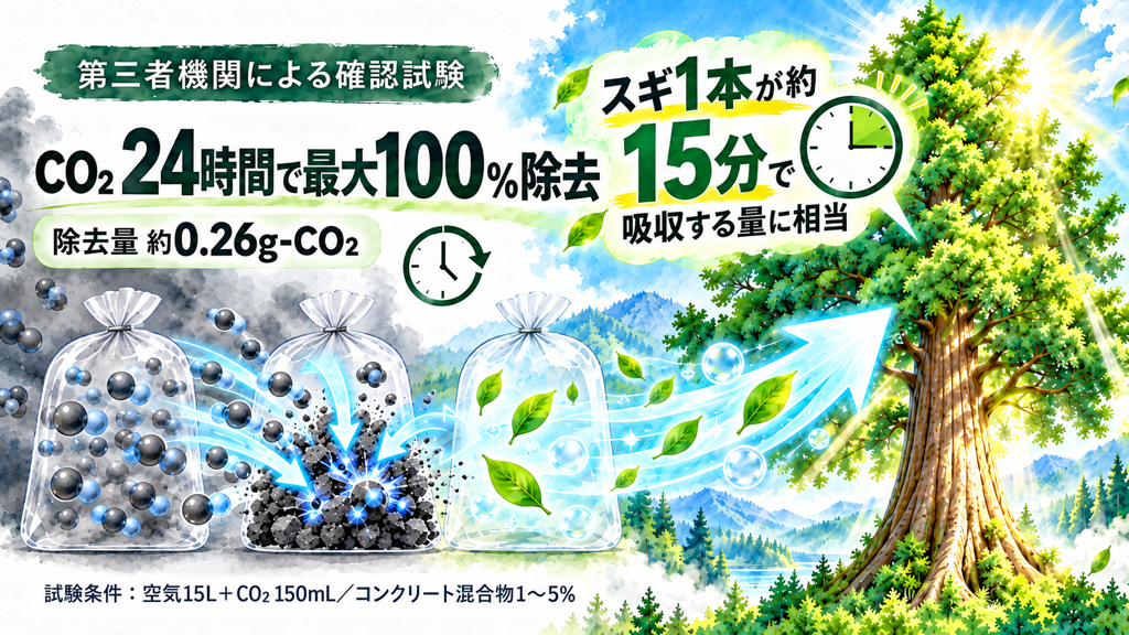 第三者機関試験でCO2を24時間で最大100%除去した結果と、スギ1本の約15分分の吸収量との比較
