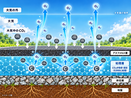 CO2が処理剤により分解・除去され、なくなっていく模式イラスト