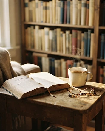 A cozy reading nook with an open book and tea in warm golden light