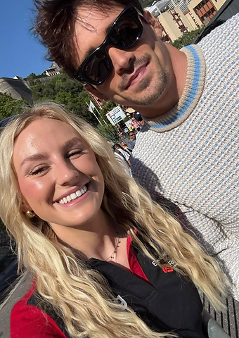 Berkeley Red host taking a roadside selfie with Charles Leclerc in Monaco