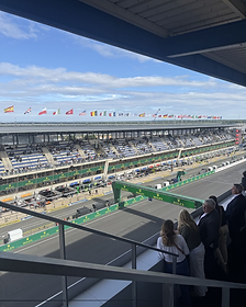 Elevated suite view over the Circuit de la Sarthe pit lane and grandstands
