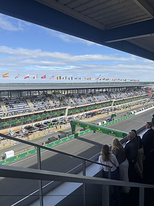 Elevated suite view over the Circuit de la Sarthe pit lane and grandstands
