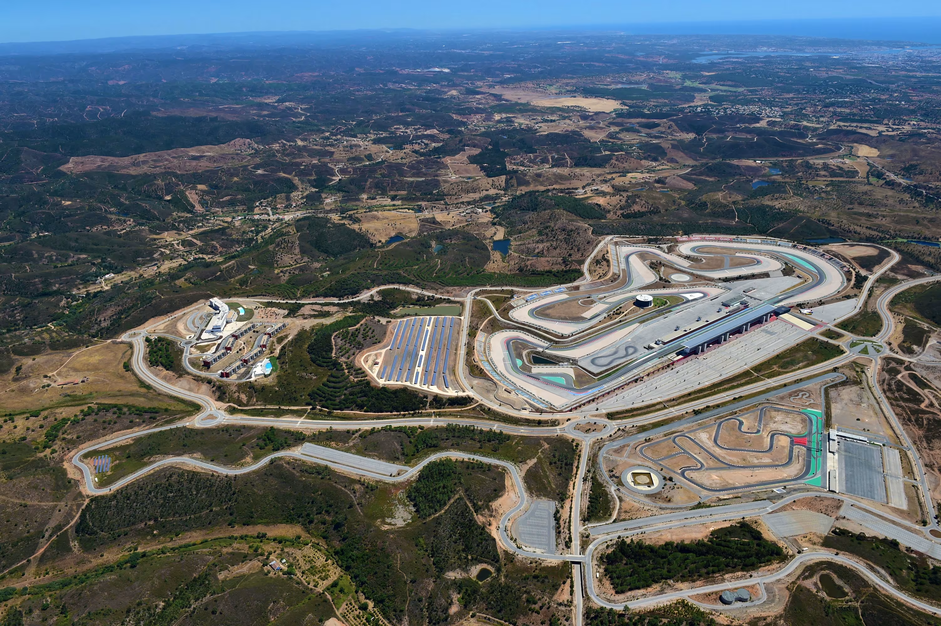 Aerial view of Autódromo Internacional do Algarve and the surrounding Algarve landscape