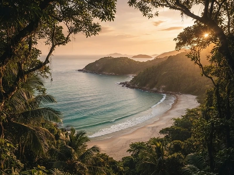 Praia, mar e Mata Atlântica em Bombinhas ao pôr do sol