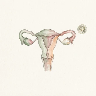 Illustrazione ad acquerello di utero, tube e ovaie con cellule in divisione, dedicata alla procreazione assistita