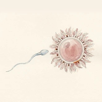 Acquerello di un ovocita e di uno spermatozoo, riferito alla donazione dei gameti nella fecondazione eterologa