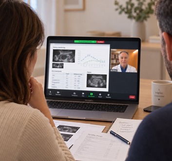 Una coppia durante un videoconsulto di fertilità con il ginecologo, referti ed ecografie condivisi sullo schermo
