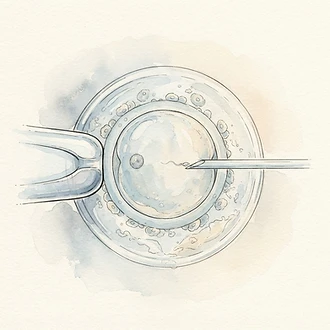 Acquerello di una microiniezione dello spermatozoo nell’ovocita, tecnica ICSI