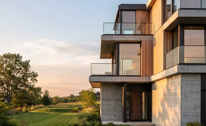 Modern architectural building with clean concrete and landscaped grounds