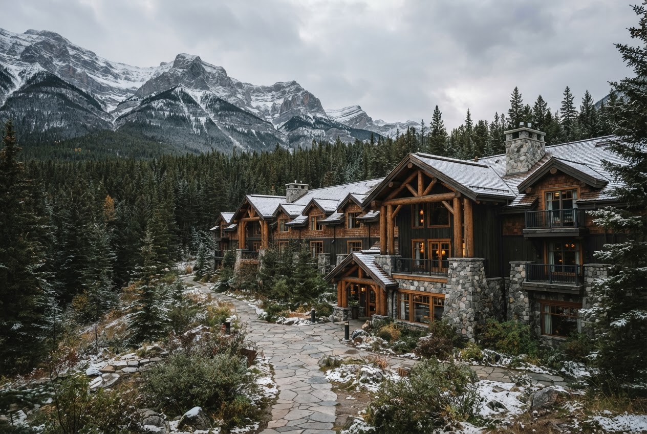 A timber-and-stone resort wing backed by evergreen forest and mountains.