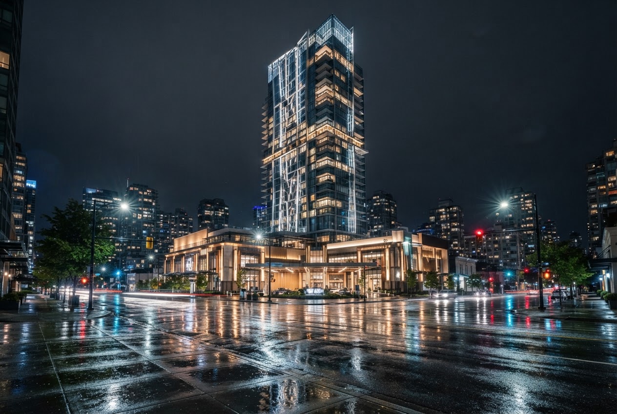 A glass Vancouver hotel tower at night with rain-slicked street reflections.