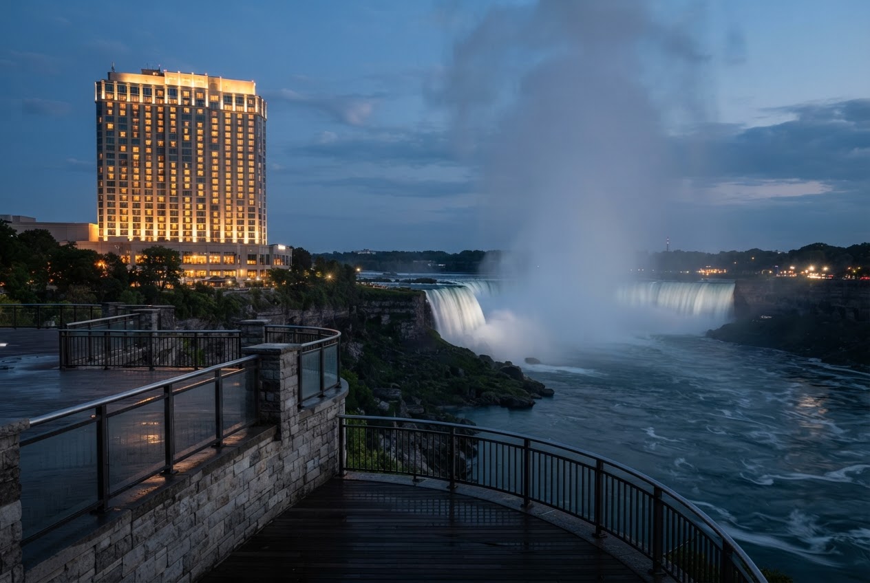A hotel tower overlooking Niagara Falls at dusk with rising mist.