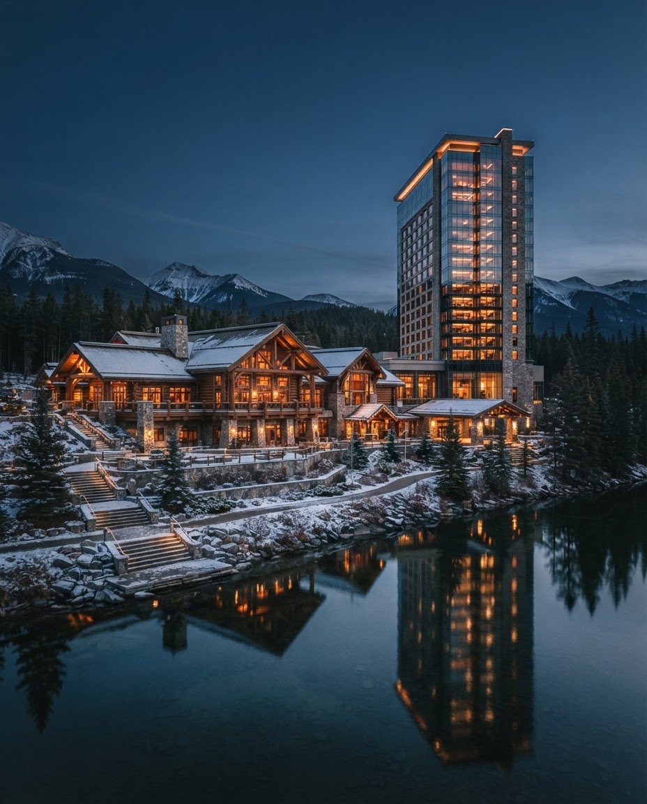 A grand Canadian hotel exterior at blue-hour dusk, warm amber windows reflected in a calm river.