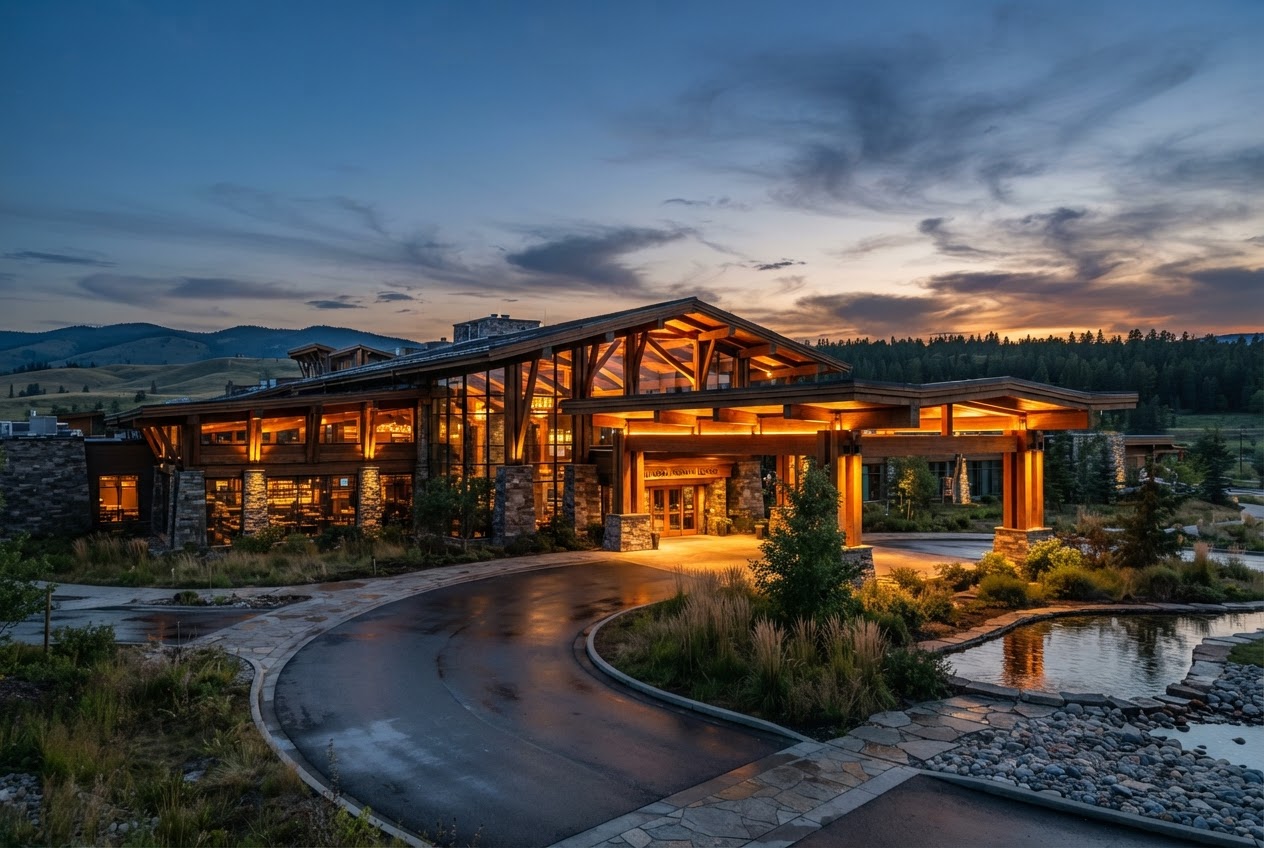 A low timber and glass casino-resort facade at dusk with a prairie sky behind.
