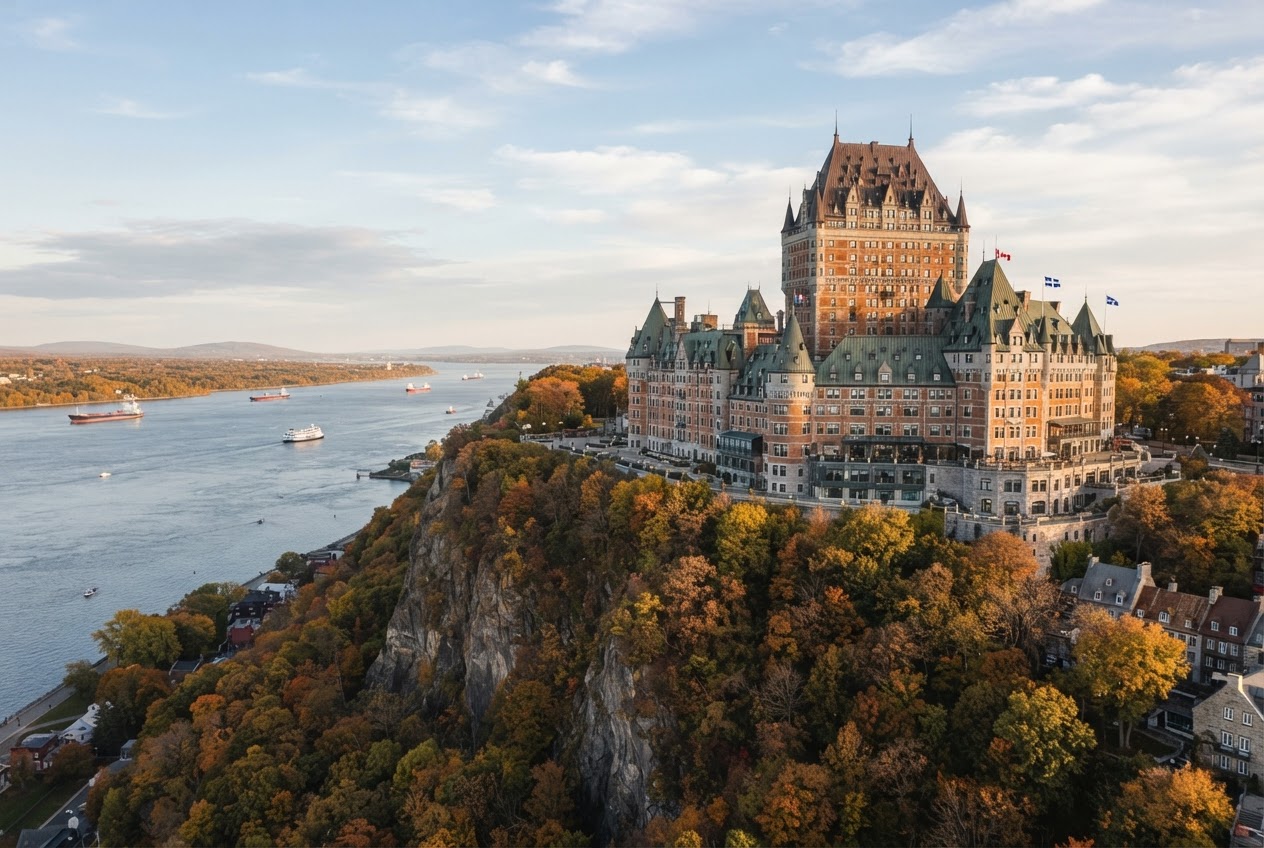 A historic castle-style hotel on a cliff above a wide river in autumn light.