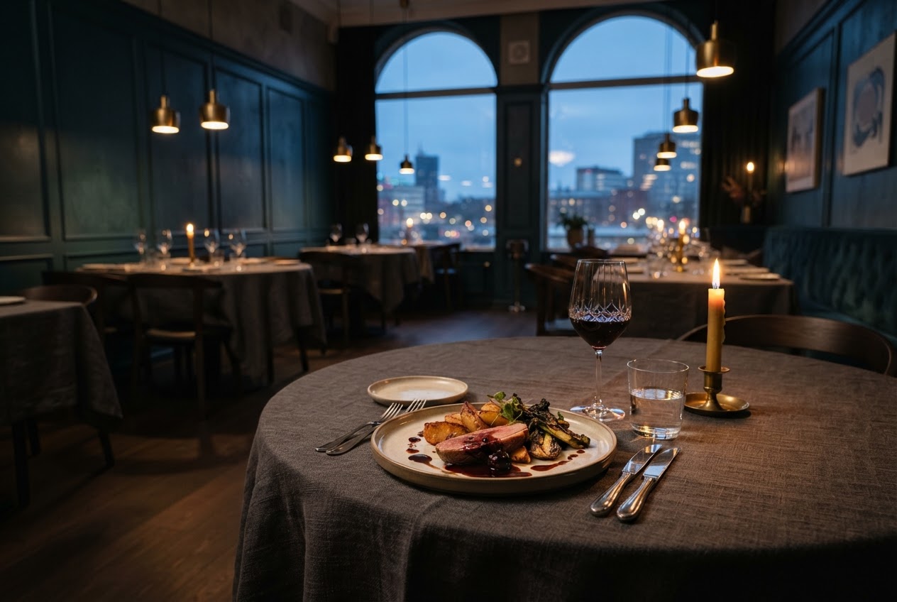 A moody candlelit fine-dining room with dark teal walls and brass pendant lights.