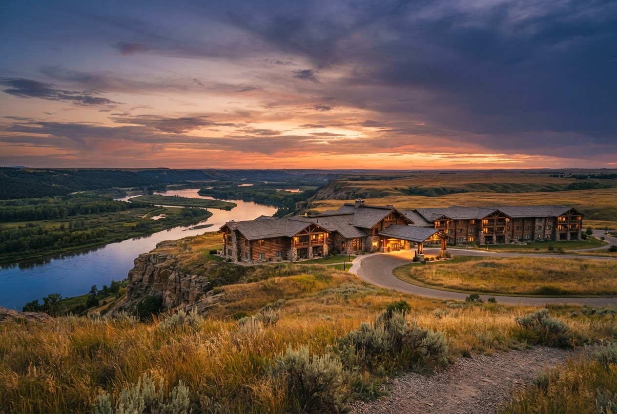A prairie casino-resort on a bluff above a river valley under a big open sky at dusk.