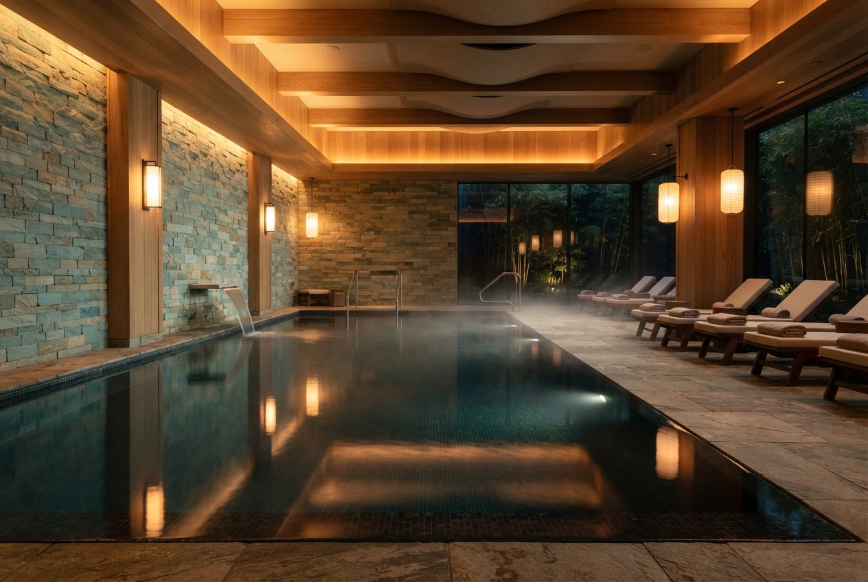 A serene indoor spa pool with still water reflecting amber light.