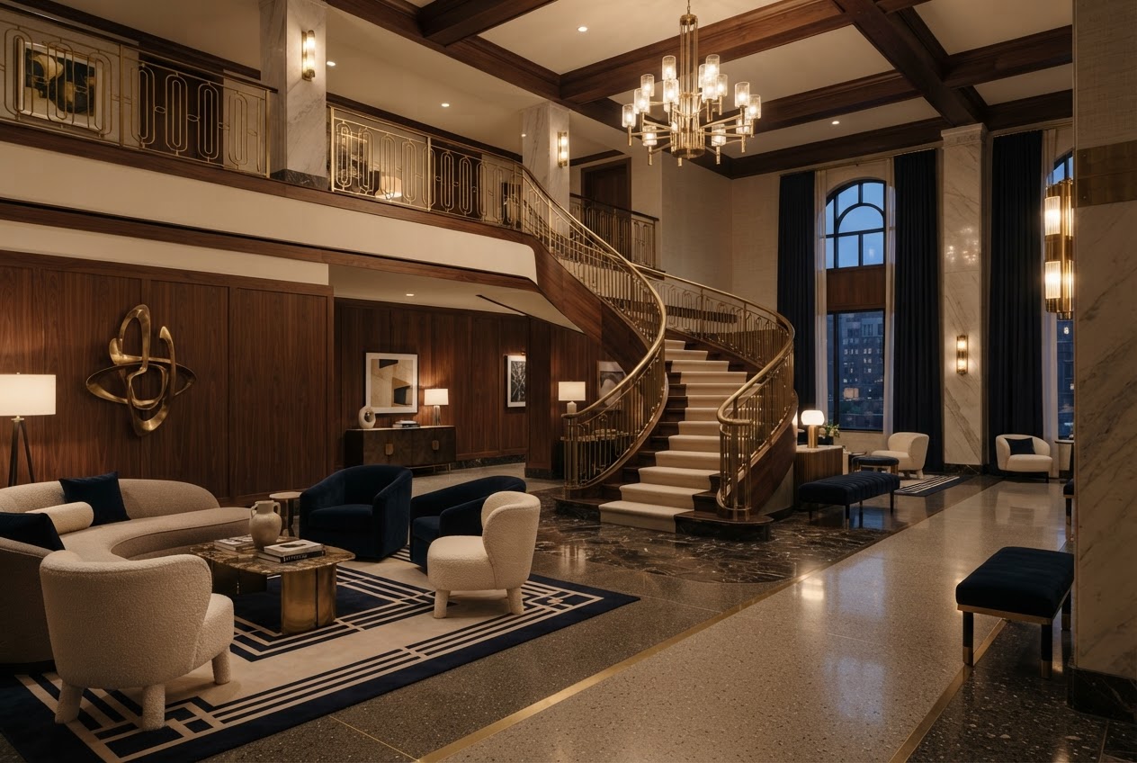 A double-height hotel lobby with warm wood, brass accents and a sweeping staircase.