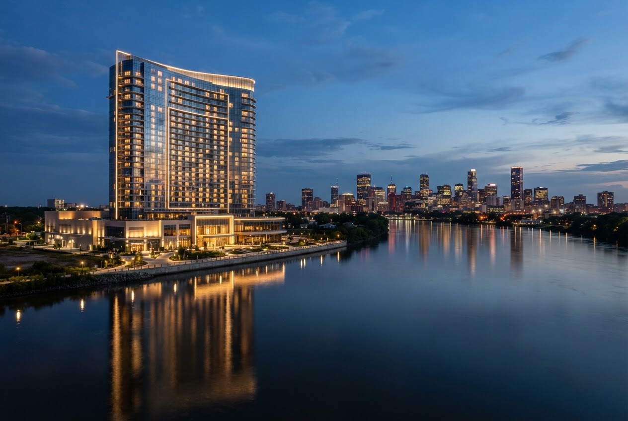 A riverfront casino-hotel tower at blue hour with a city skyline across the river.