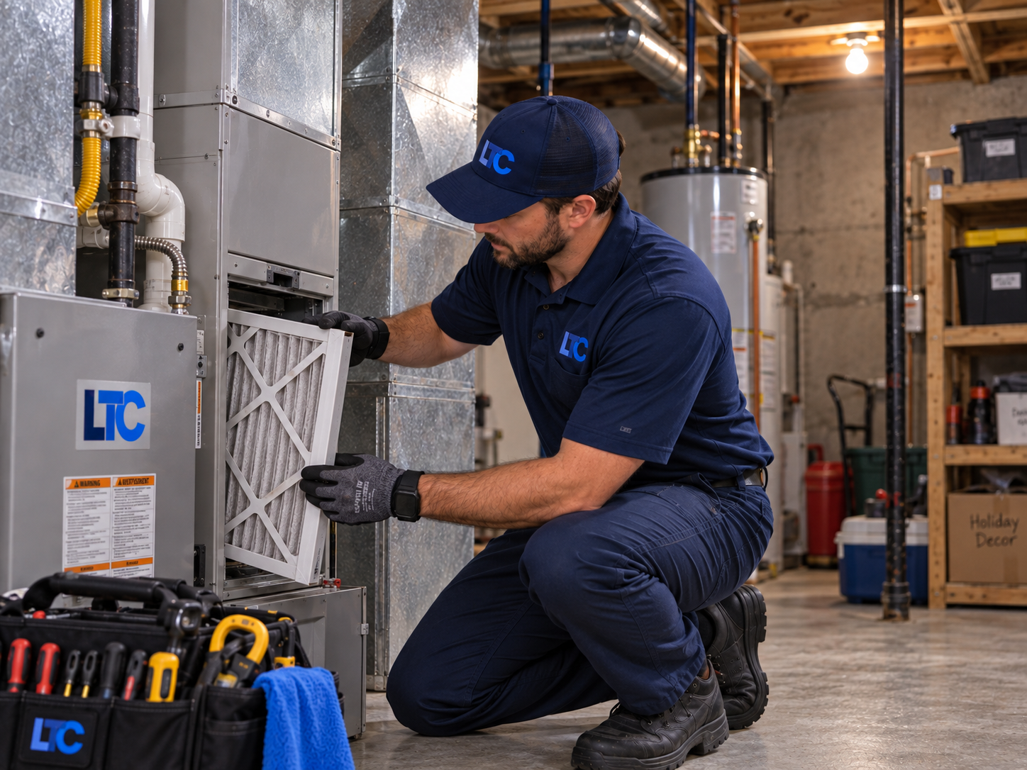 Ledbetter technician replacing a furnace air filter in an Asheville NC home