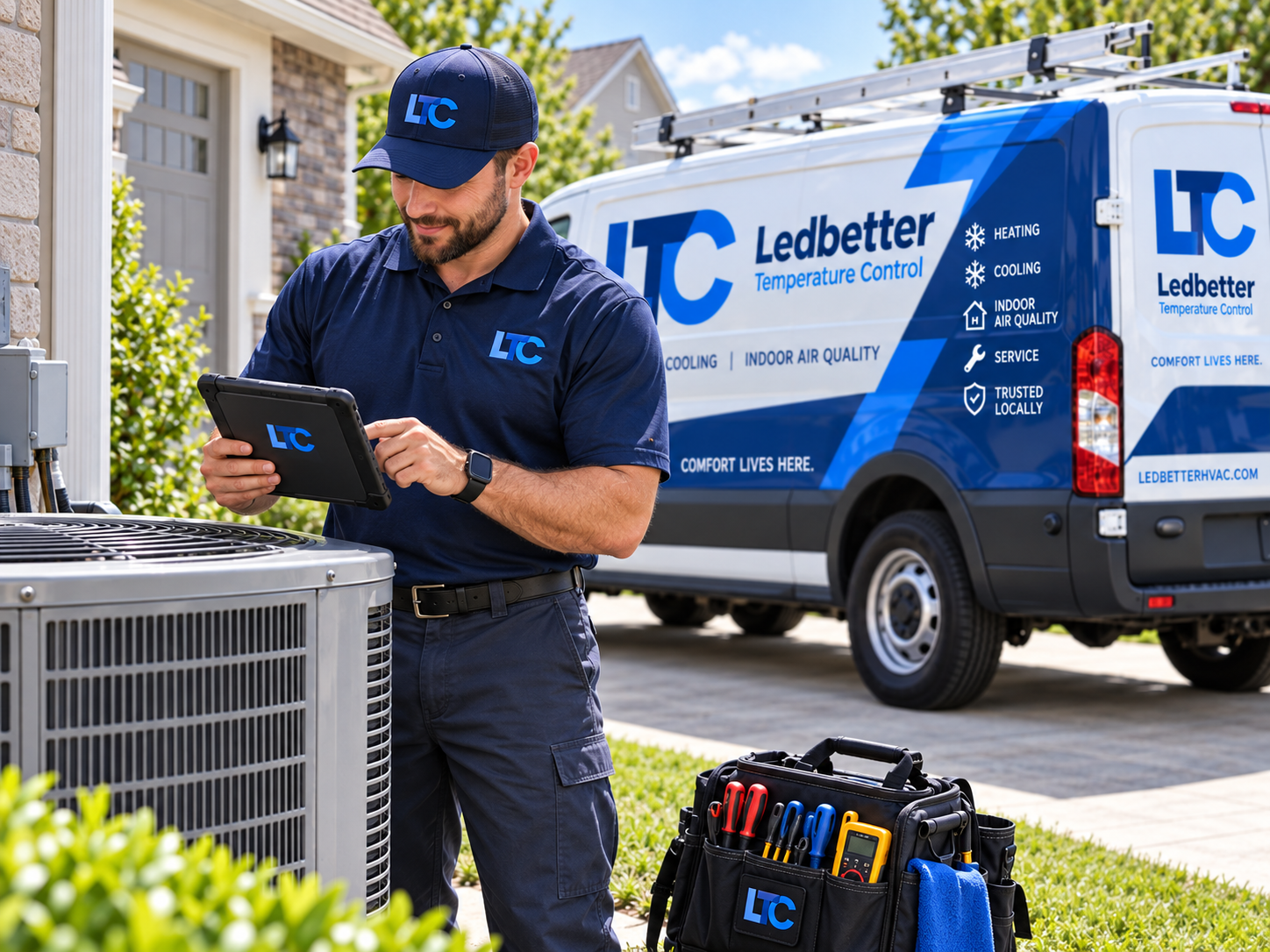 Ledbetter Temperature Control HVAC technician diagnosing an outdoor AC unit in Asheville NC