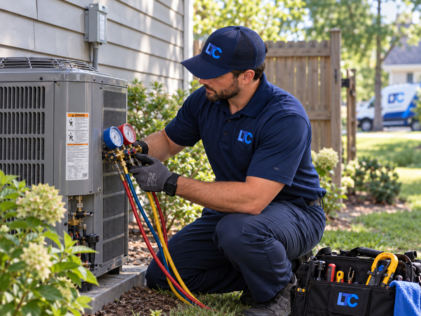 Ledbetter technician servicing an outdoor heat pump condenser in Asheville NC