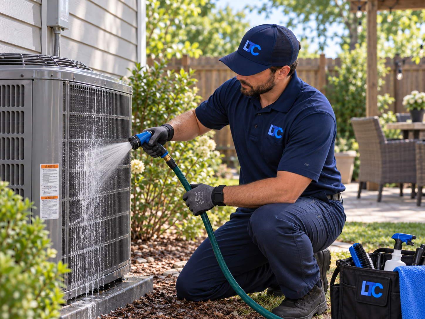 Ledbetter Temperature Control technician cleaning an outdoor AC condenser unit in Asheville NC