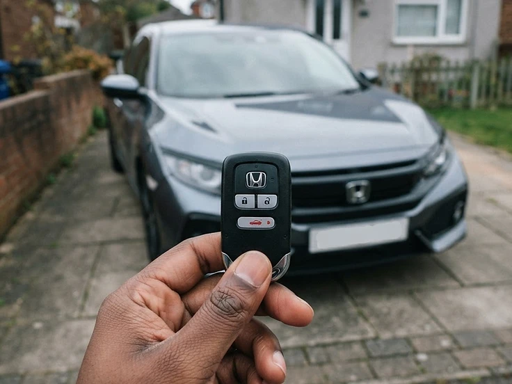 Honda key fob held in front of a Honda Civic