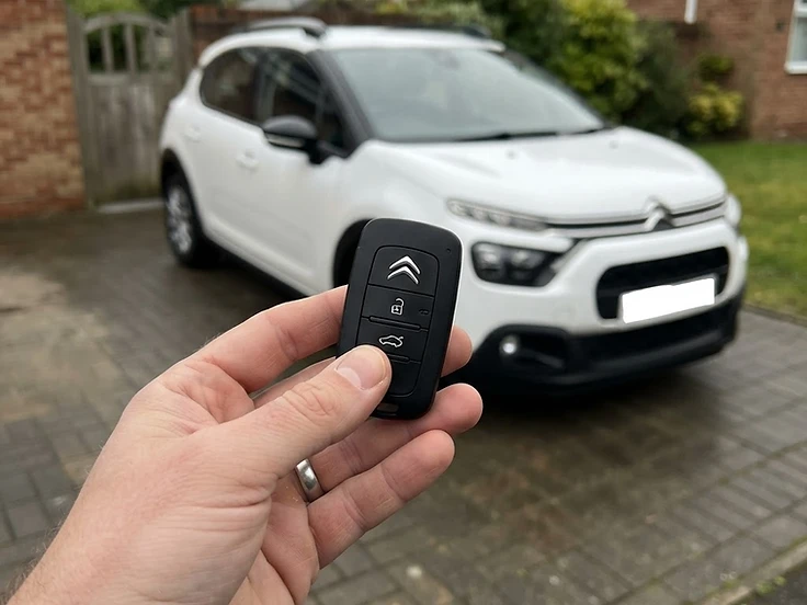 Citroën key fob held in front of a Citroën C3