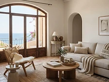 Inviting holiday apartment living room with a comfortable sofa