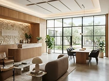 Contemporary office reception with upholstered seating