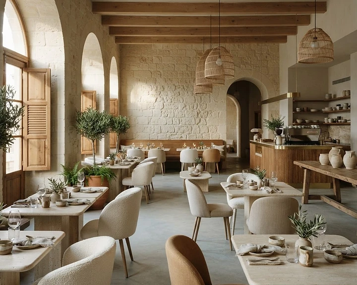 Warm, contemporary restaurant with upholstered dining chairs and natural materials